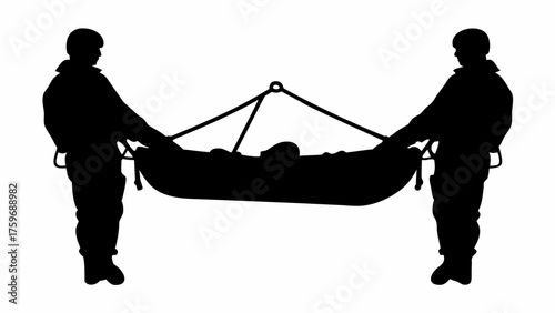 Dramatic silhouette of rescue workers carrying injured person on stretcher symbolizing emergency response and medical assistance