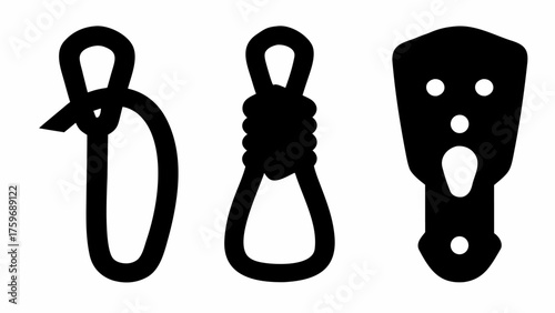 Three rigging elements in solid black, simple knot, rope noose, and rigging block, isolated nautical concept