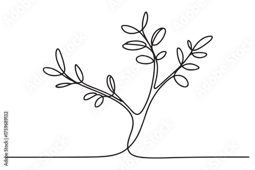 Continuous one line drawing of a young tree with branches and leaves, minimalist nature concept illustration
