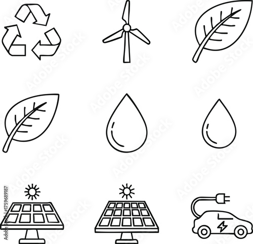 A simple and modern eco-friendly icon set featuring recycling, renewable energy, leaf, water, solar panel, and electric car symbols in a thin line editable vector style with consistent outline weight 