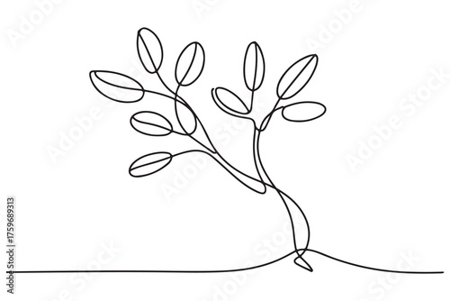 Continuous one line drawing of a young tree with branches and leaves, minimalist nature concept illustration
