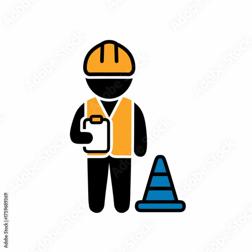 Construction Worker with Hard Hat and Traffic Cone Icon