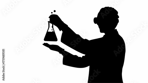 Exciting scientific discovery with bubbling liquid in lab glassware by scientist in silhouette, original scalable vector