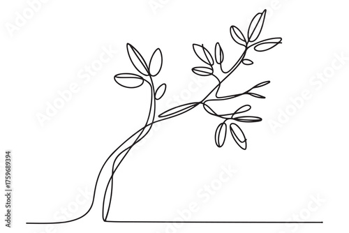 Continuous one line drawing of a young tree with branches and leaves, minimalist nature concept illustration
