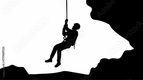 Dynamic silhouette of daring climber rappelling cliff face with rope for thrilling adventure concept design use