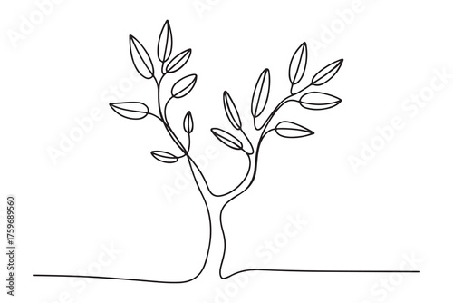Continuous one line drawing of a young tree with branches and leaves, minimalist nature concept illustration
