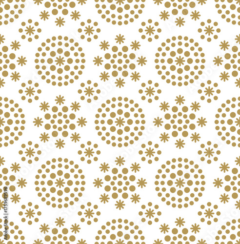 Snowflake gold seamless pattern luxury bohemian damask drawing style with dotted small circles. Vector illustration winter abstract wallpaper design graphic Merry Christmas or New Year ornament card