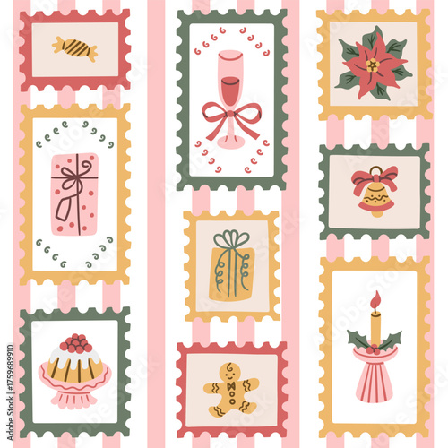 Christmas seamless pattern with festive postage stamps. Hand-drawn doodle illustration with gifts, poinsettia, and holiday sweets for winter design.
