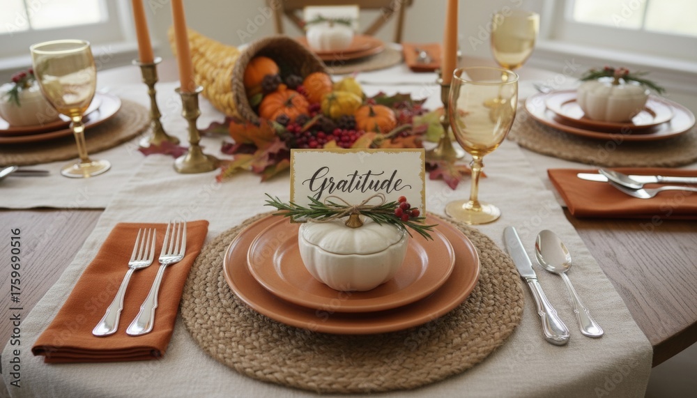 Fototapeta premium Thanksgiving table with cornucopia and pumpkins: elegant fall decor.