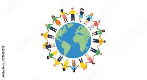 Diverse people holding hands around the world for unity, global community, and international collaboration in a colorful, inclusive design