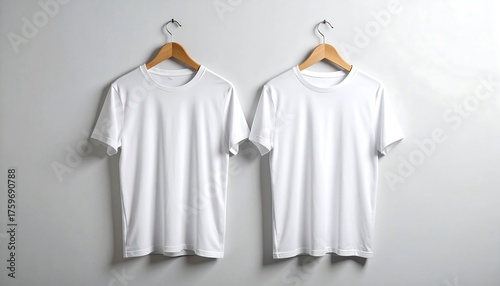 Two blank white t-shirts hang on wooden hangers against a plain white wall. The lighting emphasizes the clean design and emptiness