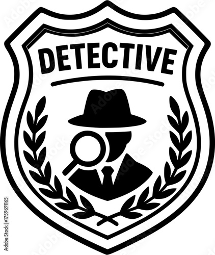 Gold Detective Badge Vector Illustration Showing Hat and Magnifying Glass Representing Crime Law Investigation and Security Concept