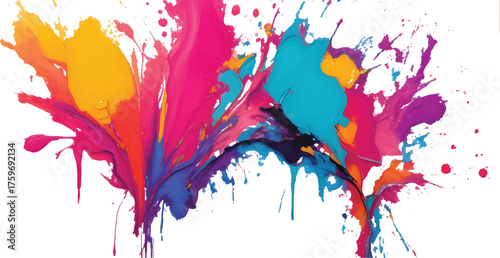Explosion of Vibrant Multicolor Paint Splash and Fluid Pigments in Motion on White Background Creating Dynamic Abstract Texture Perfect for Modern Creative Art and Design