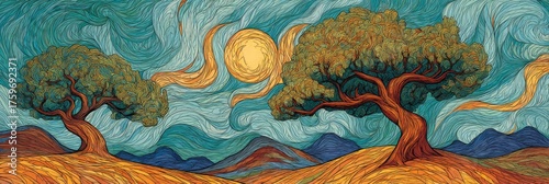 Vibrant Landscape of Two Trees Under a Bright Sun in an Abstract Style with Swirls and Dynamic Colors