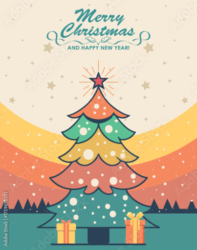 Retro Christmas card with Christmas tree design.