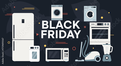 Black Friday appliance sale banner illustration Major household items like fridges and washers discounted