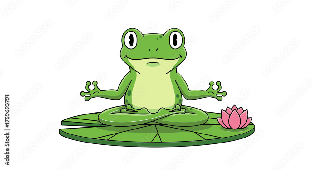 Fototapeta premium Cute Meditating Frog Sitting on Lotus Leaf