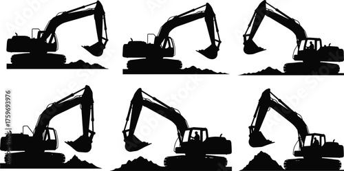 Black and white silhouette vector illustration of excavators digging soil, construction machinery, heavy equipment operation, earth moving, building site, and industry