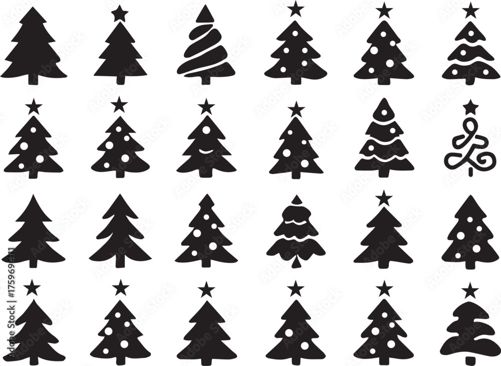 Obraz premium Collection of christmas tree silhouettes isolated on white background, showcasing various shapes and designs for festive holiday decorations and seasonal themes