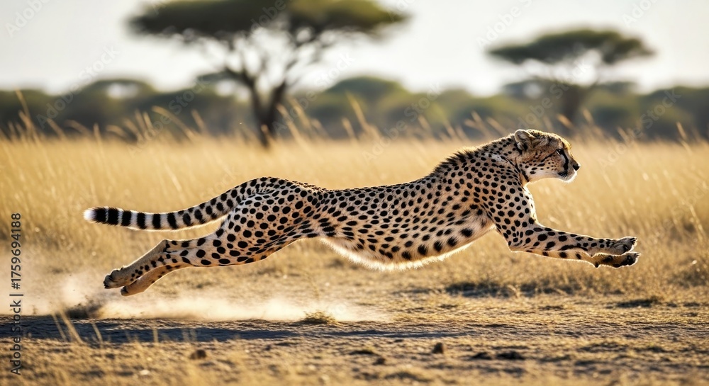 Fototapeta premium A cheetah sprinting at full speed across savanna