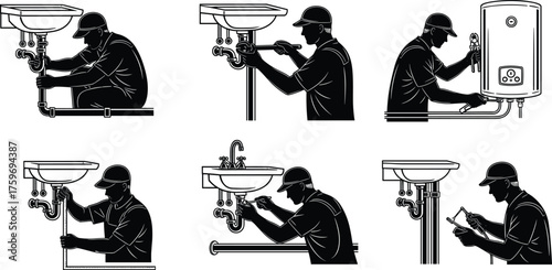 Black and white silhouette vector illustration of plumber working with sink, faucet, pipes, water heater, tools, repair, installation, and maintenance