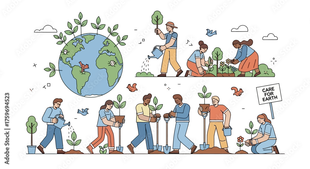 Fototapeta premium People planting trees and caring for the Earth, promoting environmental conservation.