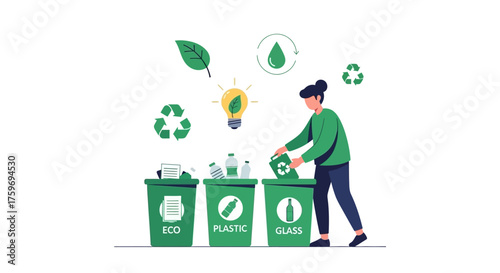 Illustration of a woman recycling waste into separate bins for eco-friendly waste management.