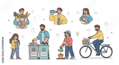 People engaging in various eco-friendly activities, promoting sustainability and environmental consciousness.