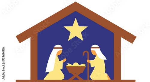 Minimalist flat design vector illustration of the Nativity scene with Mary and Joseph kneeling before the baby Jesus in the manger beneath the Star of Bethlehem, ideal for Christmas and religious desi