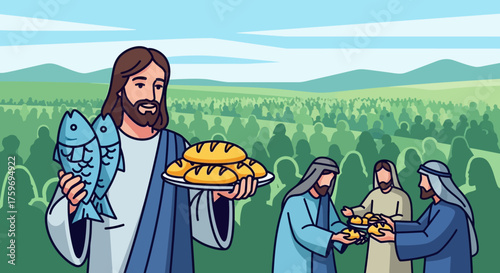 The Miracle of the Loaves and Fishes: Jesus Christ holding bread and two fish while disciples distribute food to a massive crowd in a green field, a biblical illustration of divine provision and abund