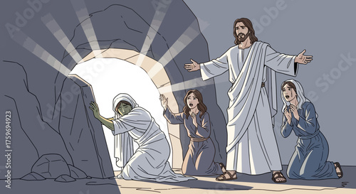 Jesus Christ raising Lazarus from the dead as he emerges from the dark tomb into the light, with Mary and Martha reacting, a colorful illustration representing faith, miracle, and resurrection.