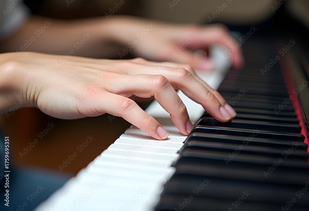 Fototapeta premium cropped top-down view of female hands playing the piano, concept of piano learning