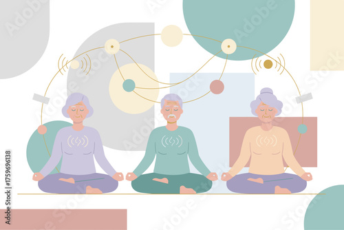 Connected senior citizens meditating for mental wellbeing and shared peace