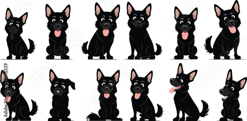 Black German Shepherd Puppy Vector Set - Cute Sitting Poses - Isolated Happy Canine Collection
