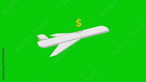 4K animated airplane with a dollar sign appearing from the top, symbolizing travel expenses, airline revenue, tourism investment, flight cost, global finance, and economic growth in aviation.