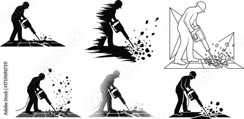 Black and white vector illustration showing six jackhammer worker silhouettes in different artistic styles with motion, stippling, halftone, and geometric effects