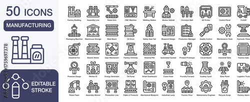Manufacturing set of icon line style. Manufacturing user interface icon collection. Containing Factory Building, Assembly Line, Robot Arm, Welding Station, Worker Helmet and More. Editable Stroke