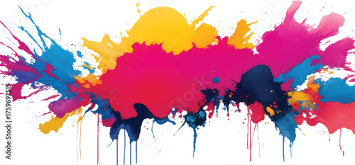 Artistic Explosion of Colorful Paint Splash and Ink Droplets Blending Red, Blue, and Yellow Shades in Fluid Motion Abstract Composition for Creative Digital Background Design