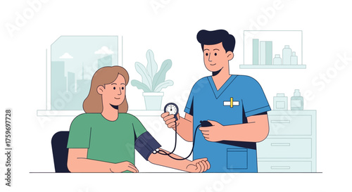 Caring doctor checks patient's blood pressure in clinic for wellness checkup, offering reassurance and promoting healthcare, vital signs, and medical care