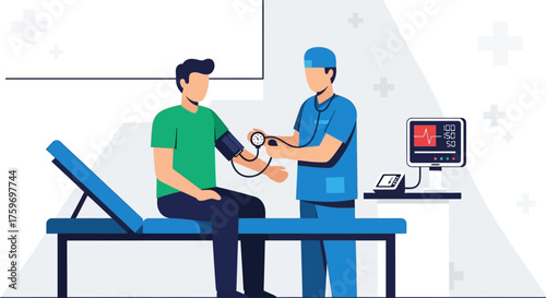 Caring doctor checking patient's blood pressure in modern clinic setting, promoting health awareness and preventative care in a medical illustration