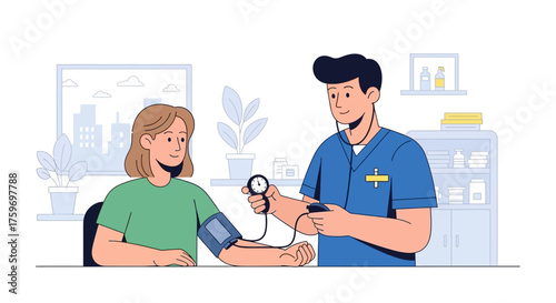 Caring doctor checking patient's blood pressure during routine checkup at clinic, promoting wellness and preventative medicine with modern design