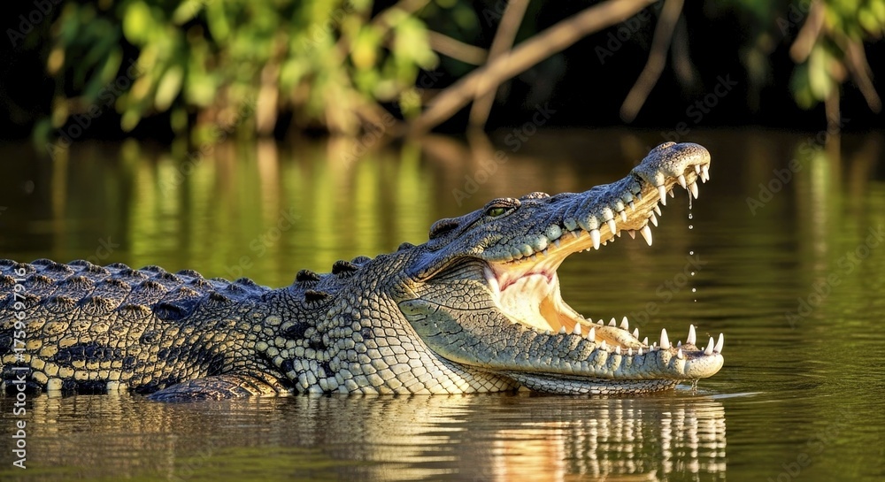 Fototapeta premium A crocodile yawning in a river, teeth visible (