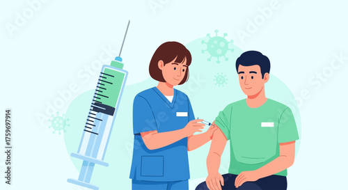 Get your flu shot today for a healthier tomorrow, nurse administering vaccine to young man, promoting preventative care in a clean, modern setting