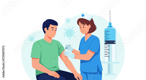 Nurse administering vaccine injection to patient for illness prevention and health protection during clinic visit, promoting safety and wellness campaigns