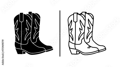 Cowboy boots outline and solid with transparent background