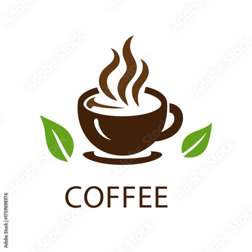 Steaming Coffee Cup Logo with Green Leaves