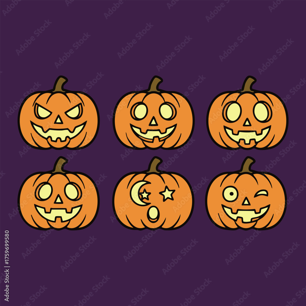 Fototapeta premium Cute Halloween Pumpkin Faces Vector Set with Funny and Scary Jack O Lantern Expressions on Purple Background, Perfect for Holiday Decoration, Greeting Cards, and Party Design Elements.