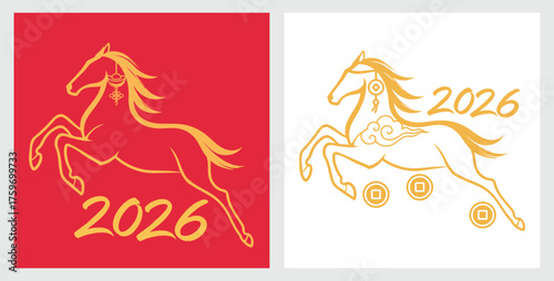 Golden line-art horse 2026 lunar new year set, leaping zodiac with lucky coin and cloud motifs on red and white backgrounds for festive cards, prints, stickers and elegant branding.