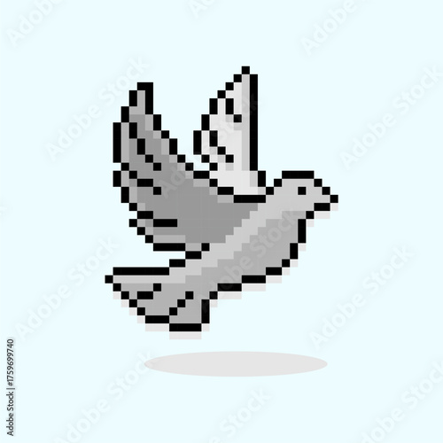 Pixel art of monochrome dove. Pixelated dove peaceful icon symbol.