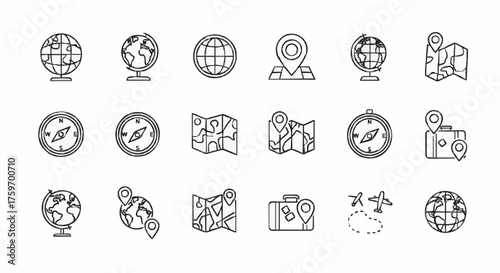 Assortment of travel and navigation icons